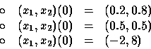 \begin{displaymath}
\begin{array}
{rcl}
\circ \quad (x_1,x_2)(0) &=& (0.2, 0.8) ...
 ... (0.5, 0.5) \\ \circ \quad (x_1,x_2)(0) &=& (-2, 8) \end{array}\end{displaymath}